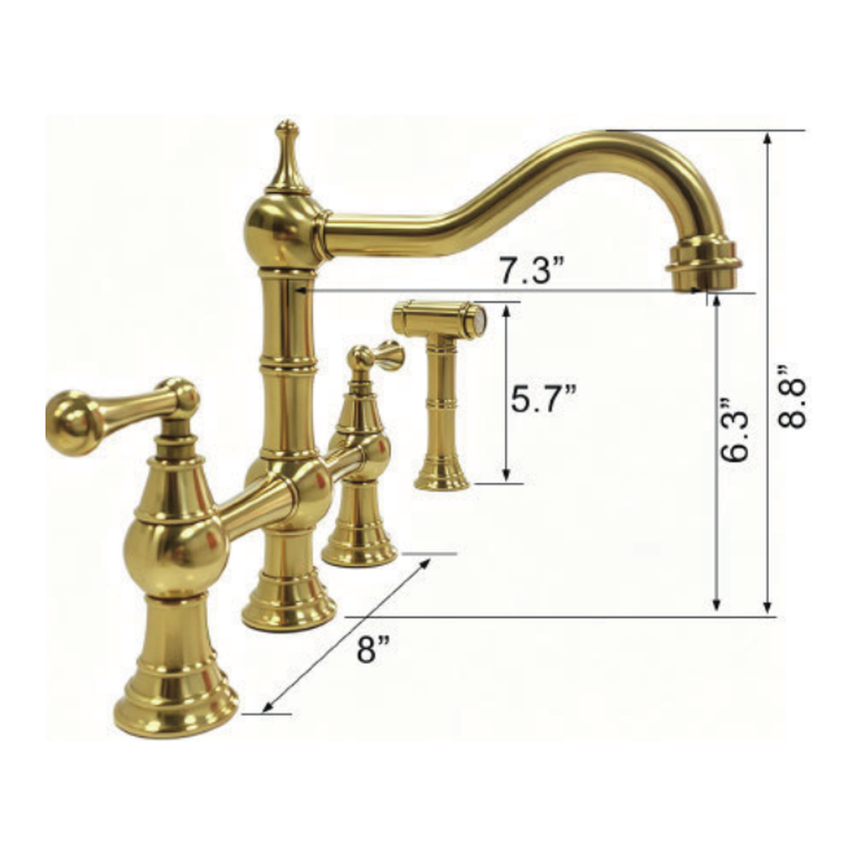 Unlacquered Brass Deck-Mount Bridge Kitchen Faucet with Swan-Neck Swivel Spout, Two Lever Handles and Matching Side Sprayer technical document