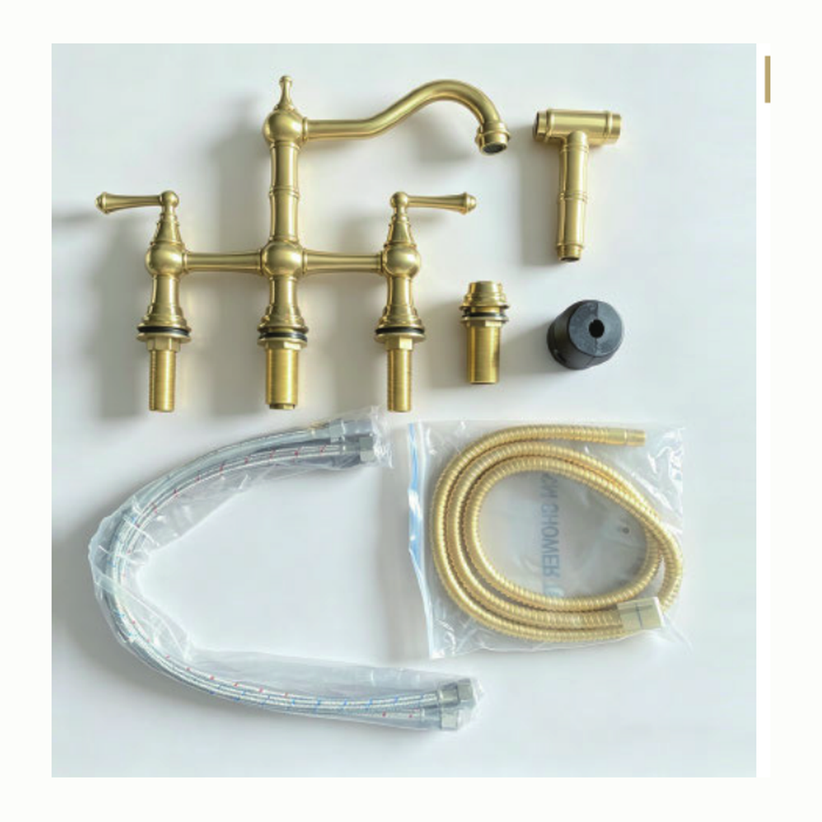 Unlacquered Brass Deck-Mount Bridge Kitchen Faucet with Swan-Neck Swivel Spout, Two Lever Handles and Matching Side Sprayer technical document
