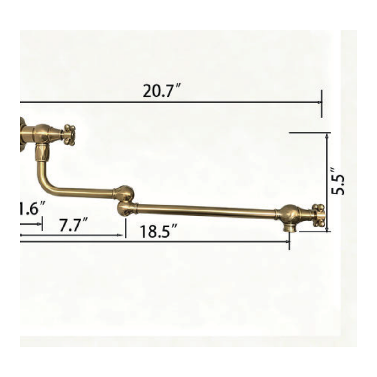 Unlacquered Brass Wall-Mount Pot Filler with Double-Joint Arm and Two Cross Handles technical document