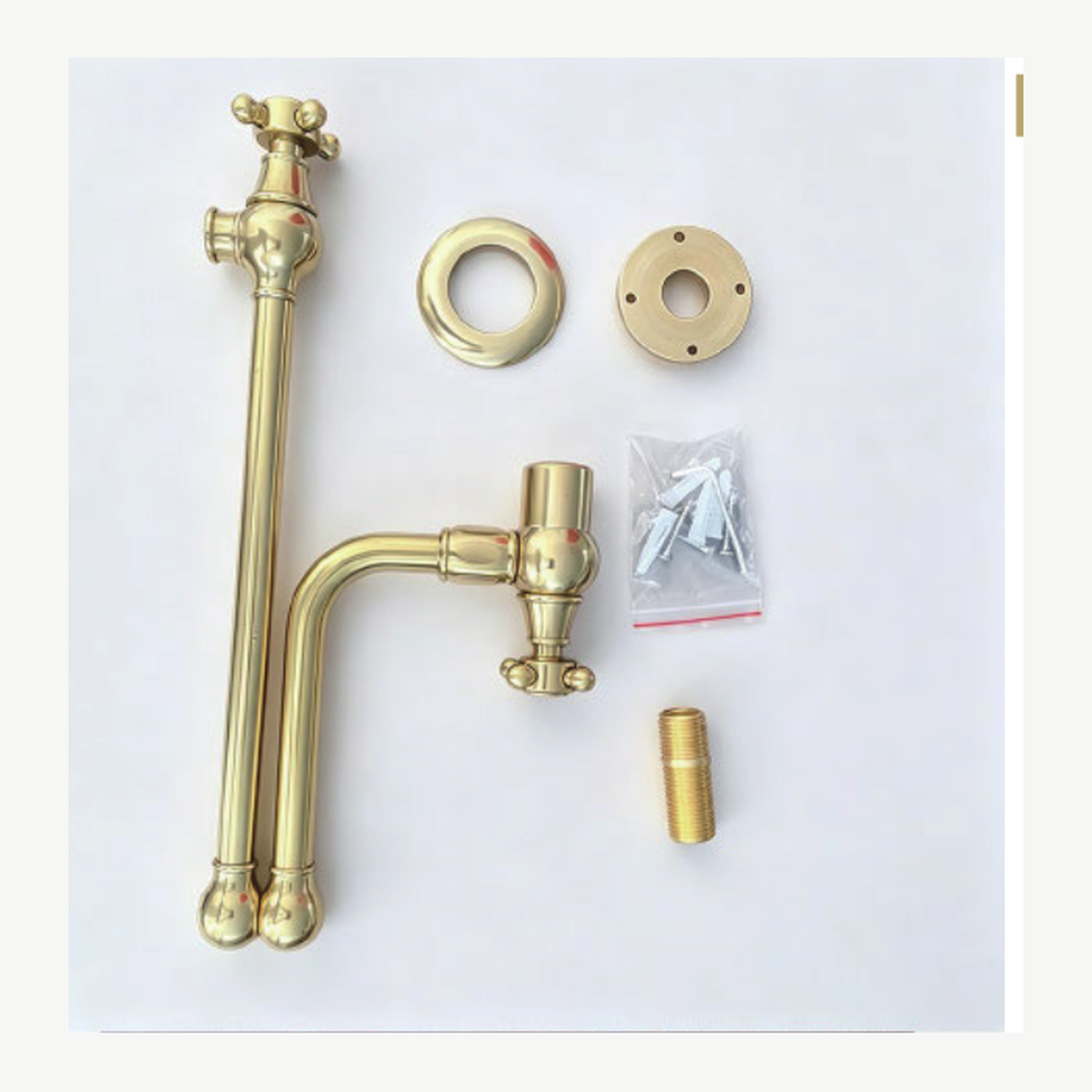 Unlacquered Brass Wall-Mount Pot Filler with Double-Joint Arm and Two Cross Handles technical document