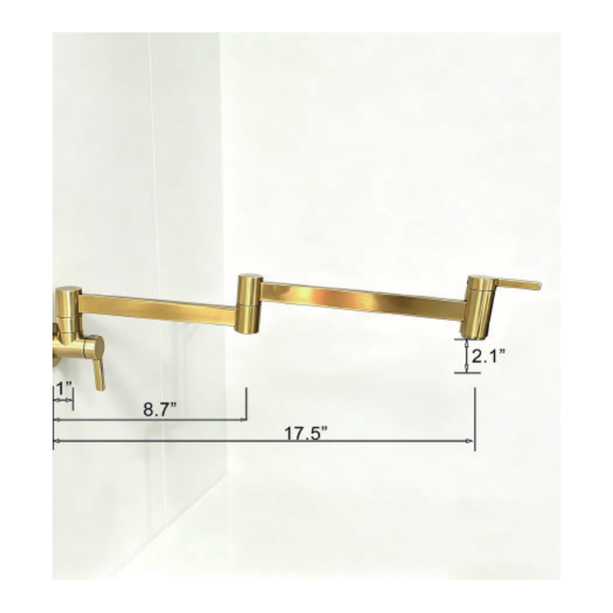 Unlacquered Brass Wall-Mount Pot Filler with Folding Double-Joint Flat Arm and Two Lever Handles technical document
