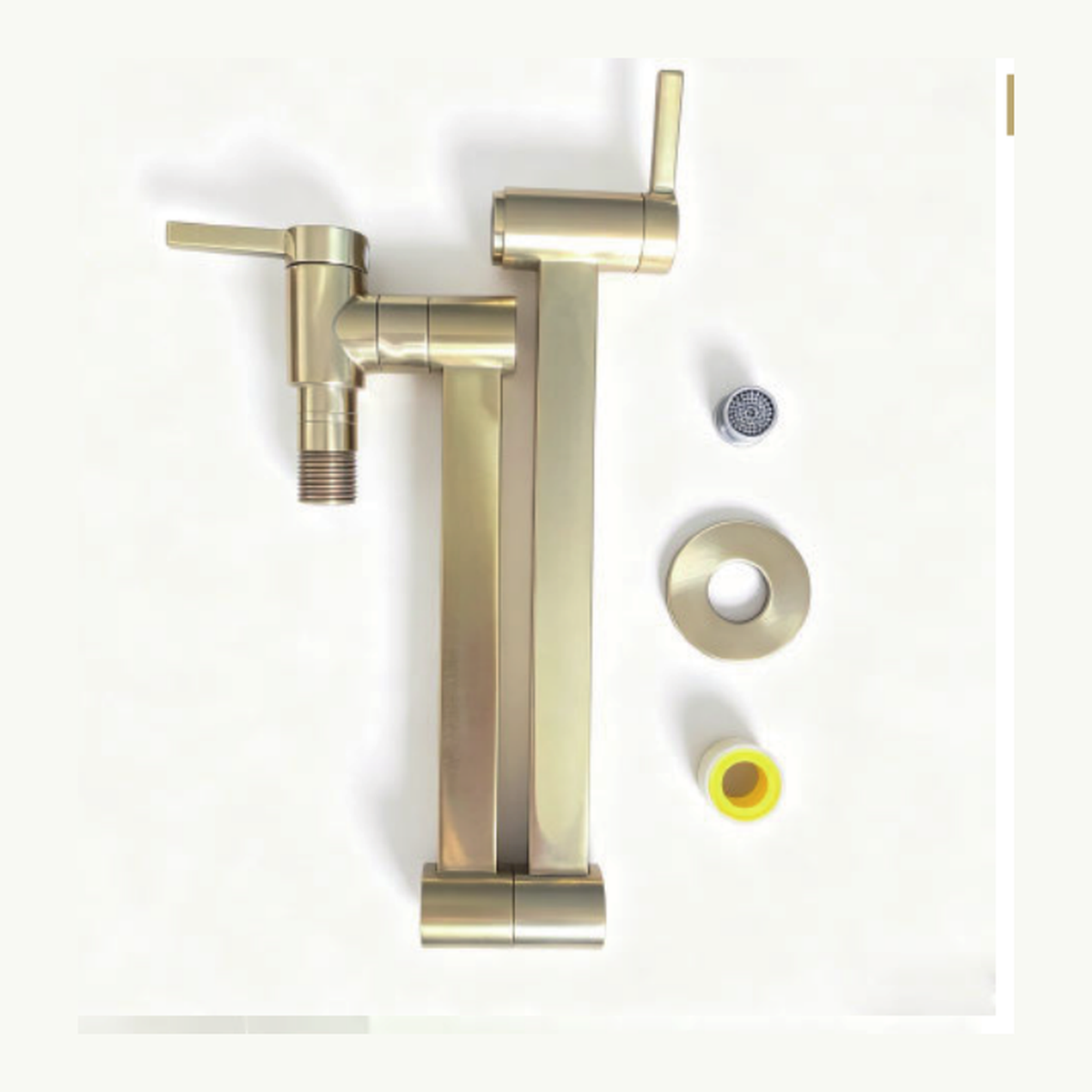 Unlacquered Brass Wall-Mount Pot Filler with Folding Double-Joint Flat Arm and Two Lever Handles technical document