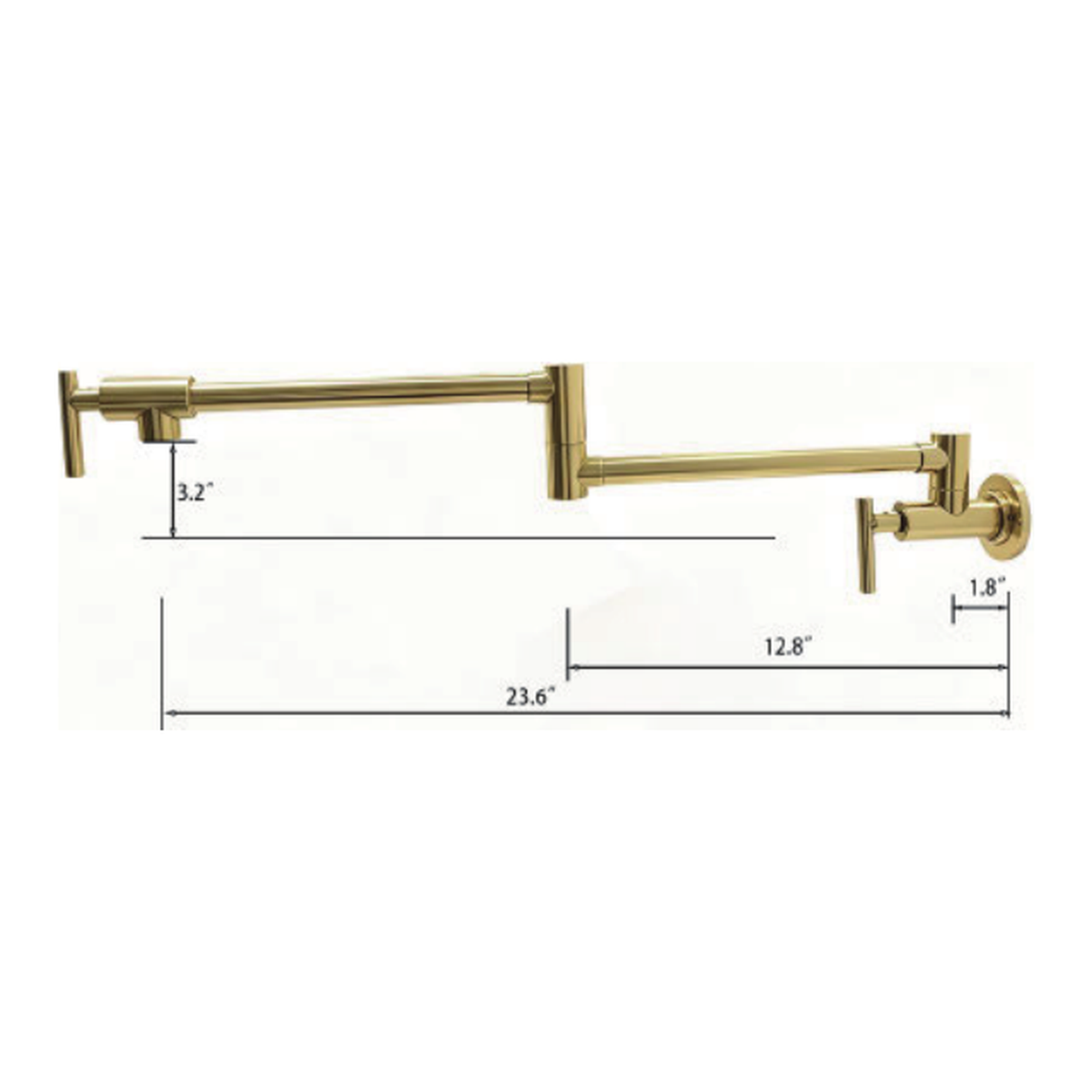 Unlacquered Brass Wall-Mount Pot Filler with Folding Double-Joint Round Arm and Two T Lever Handles technical document