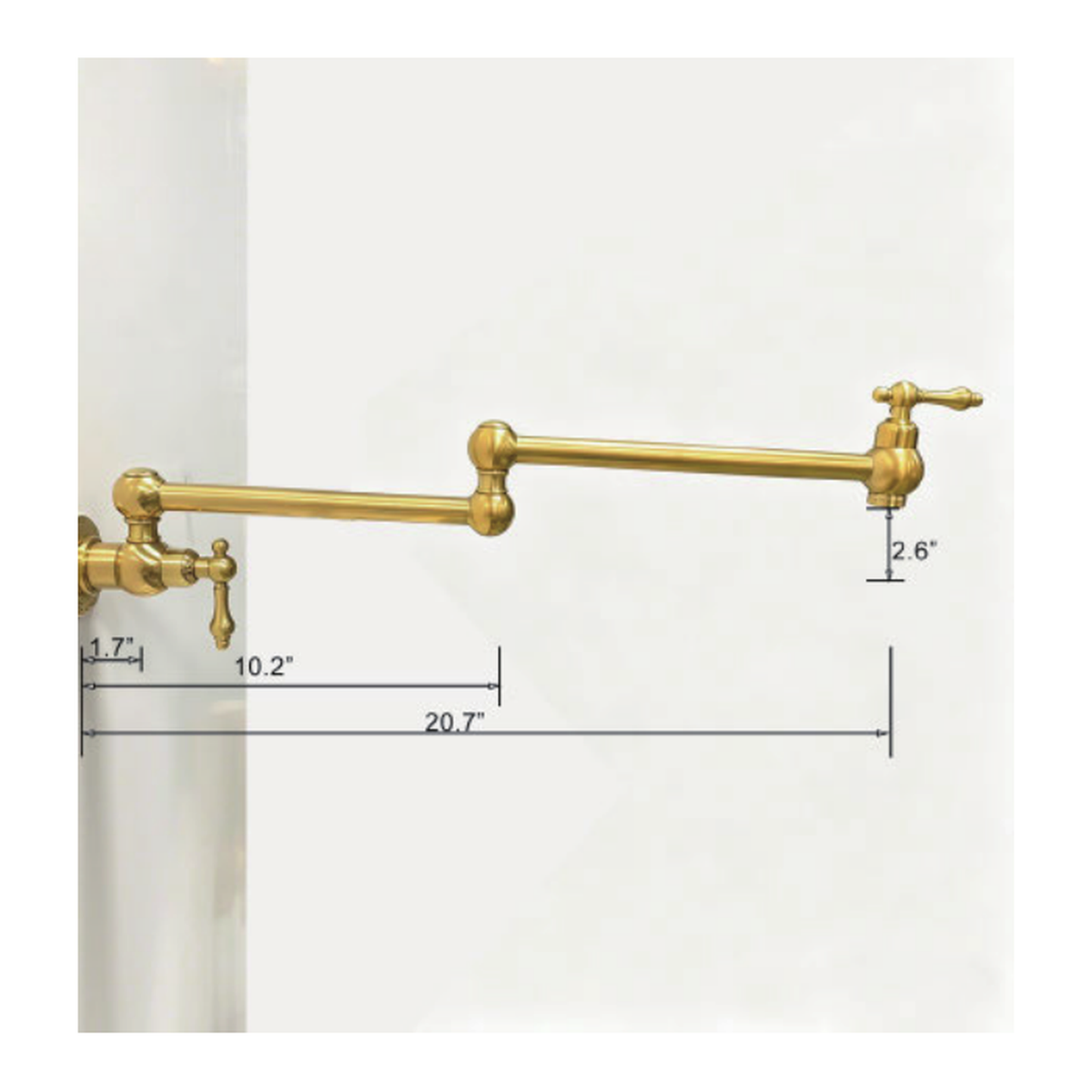 Unlacquered Brass Wall-Mount Pot Filler with Articulated Arm and Two Lever Handles technical document
