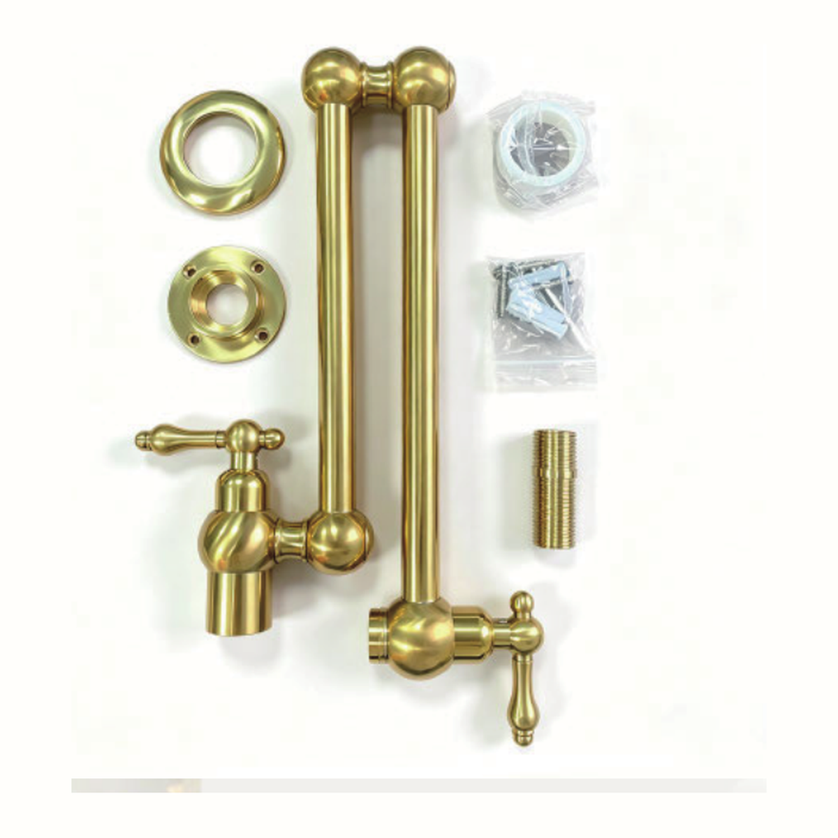 Unlacquered Brass Wall-Mount Pot Filler with Articulated Arm and Two Lever Handles technical document