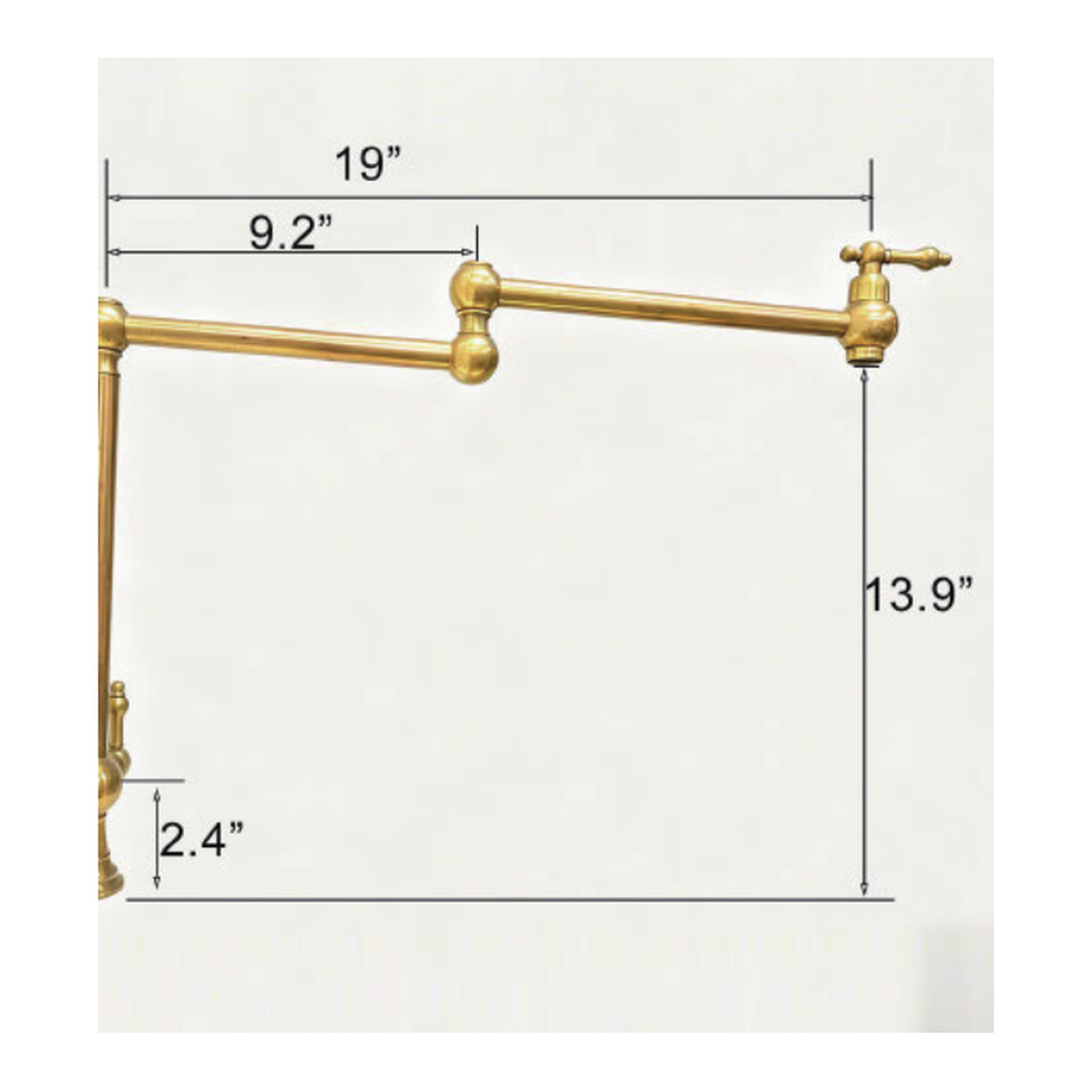 Unlacquered Brass Deck-Mount Pot Filler with Folding Double-Joint Arm and Two Lever Handles technical document