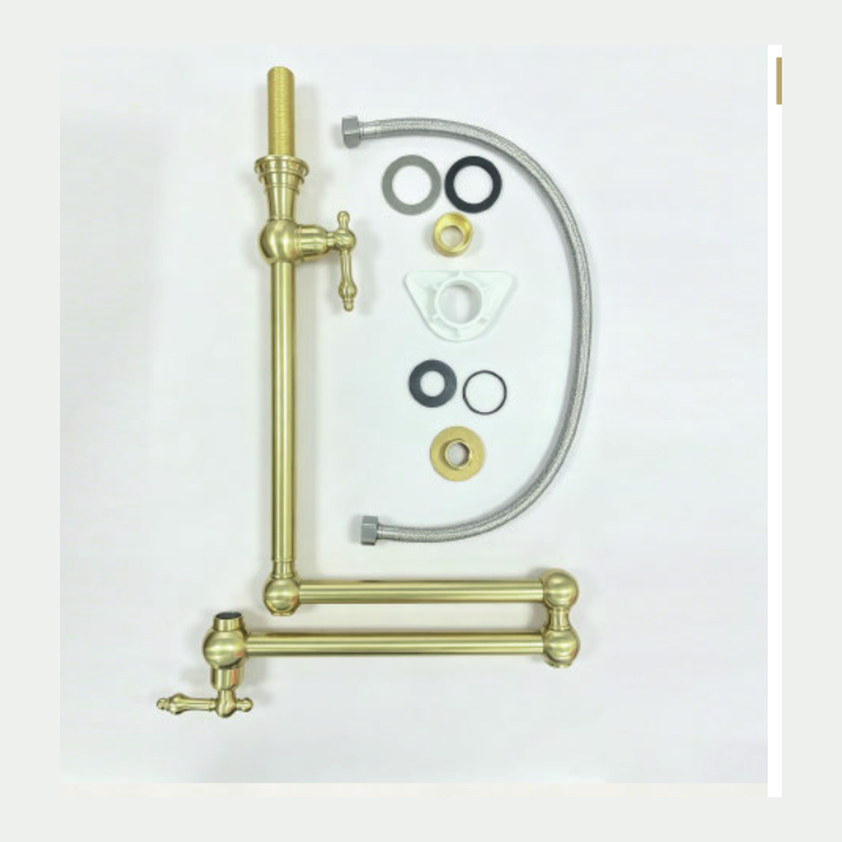 Unlacquered Brass Deck-Mount Pot Filler with Folding Double-Joint Arm and Two Lever Handles technical document