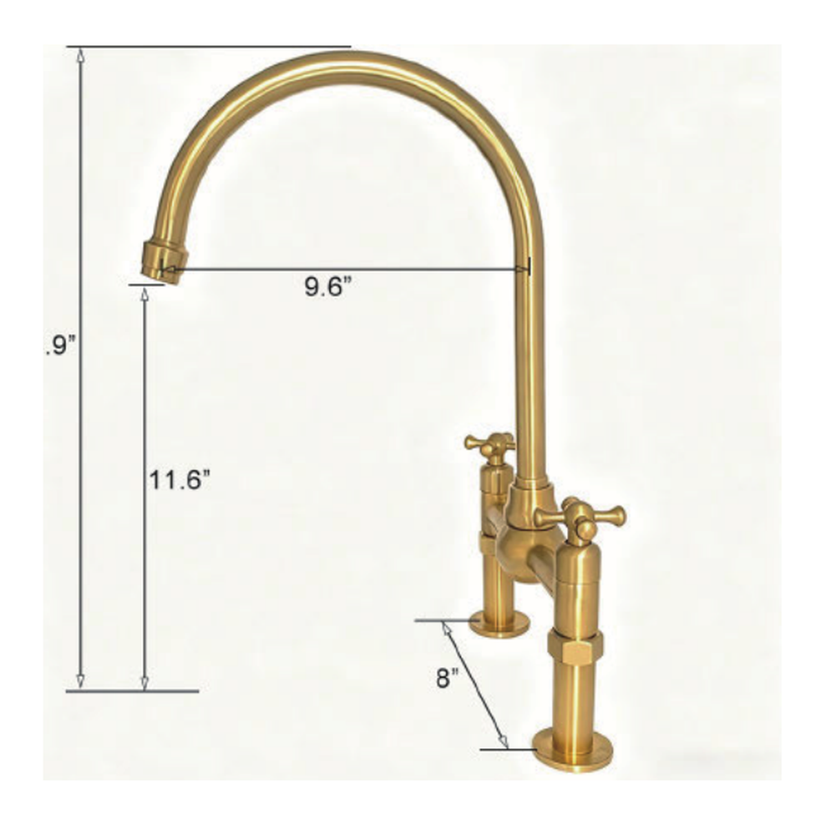 Unlacquered Brass Deck-Mount Bridge Kitchen Faucet with High Gooseneck Spout and Cross Handles technical document