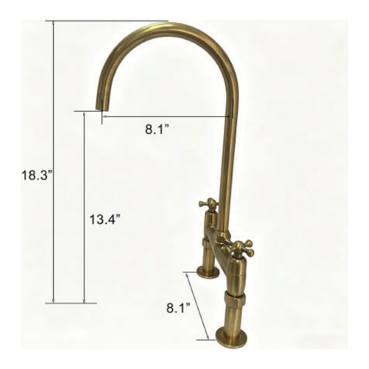 Unlacquered Brass Bridge Kitchen Faucet with Gooseneck Spout and Cross Handles technical document