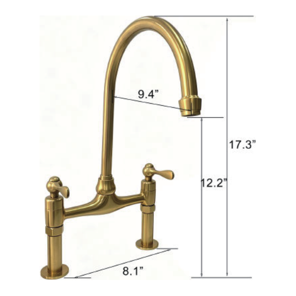 Unlacquered Brass Deck-Mount Bridge Kitchen Faucet with Curved Gooseneck Spout and Lever Handles technical document