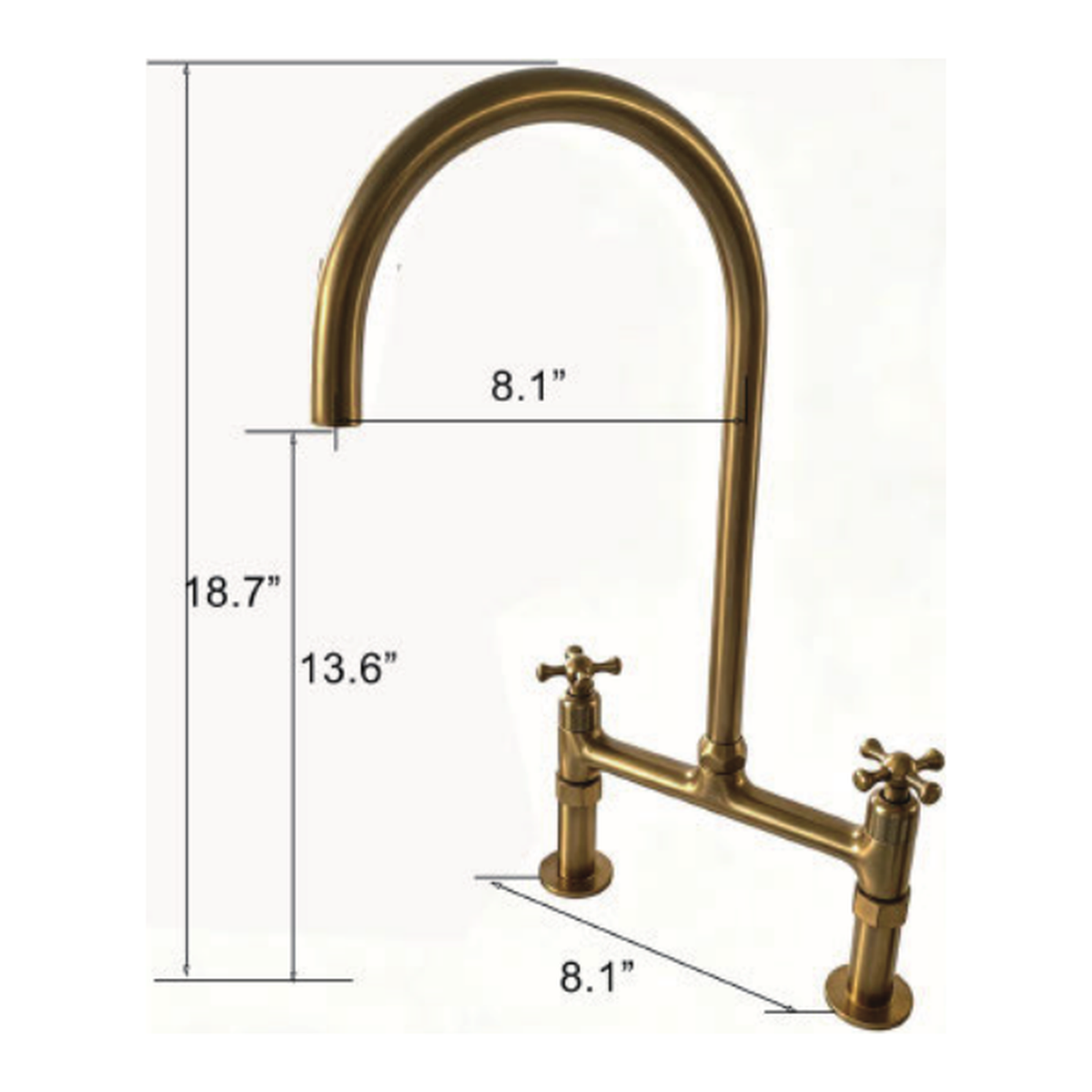Unlacquered Brass Deck-Mount Bridge Kitchen Faucet with Open Gooseneck Spout and Cross Handles technical document