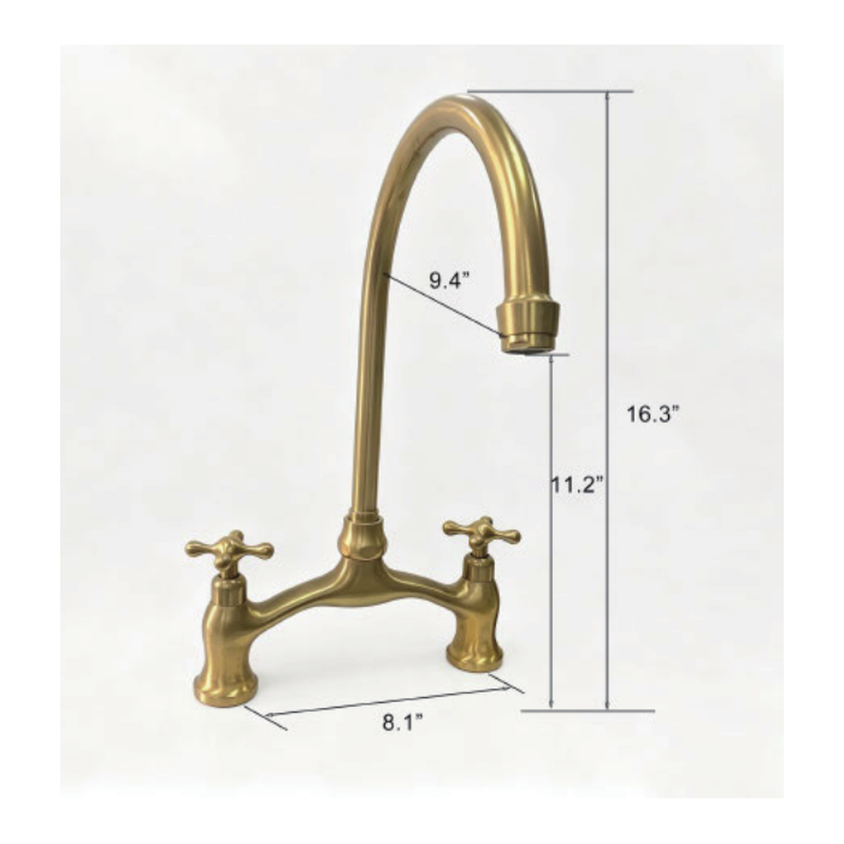 Unlacquered Brass Bridge Kitchen Faucet with Gooseneck Spout and Cross Handles, Deck Mount technical document