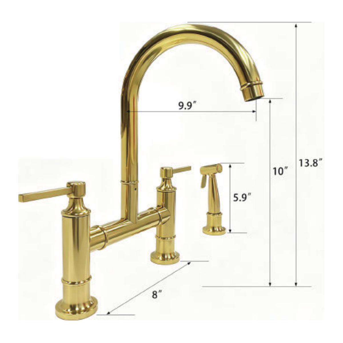 Unlacquered Brass Deck-Mount Bridge Kitchen Faucet with Gooseneck Spout, Lever Handles and Side Sprayer technical document