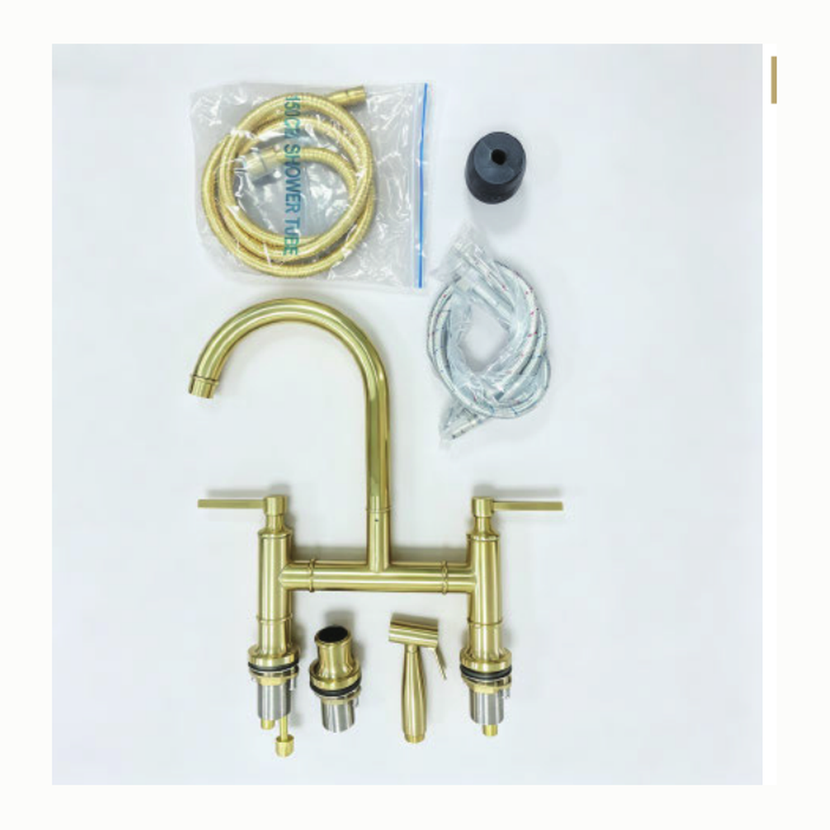 Unlacquered Brass Deck-Mount Bridge Kitchen Faucet with Gooseneck Spout, Lever Handles and Side Sprayer technical document