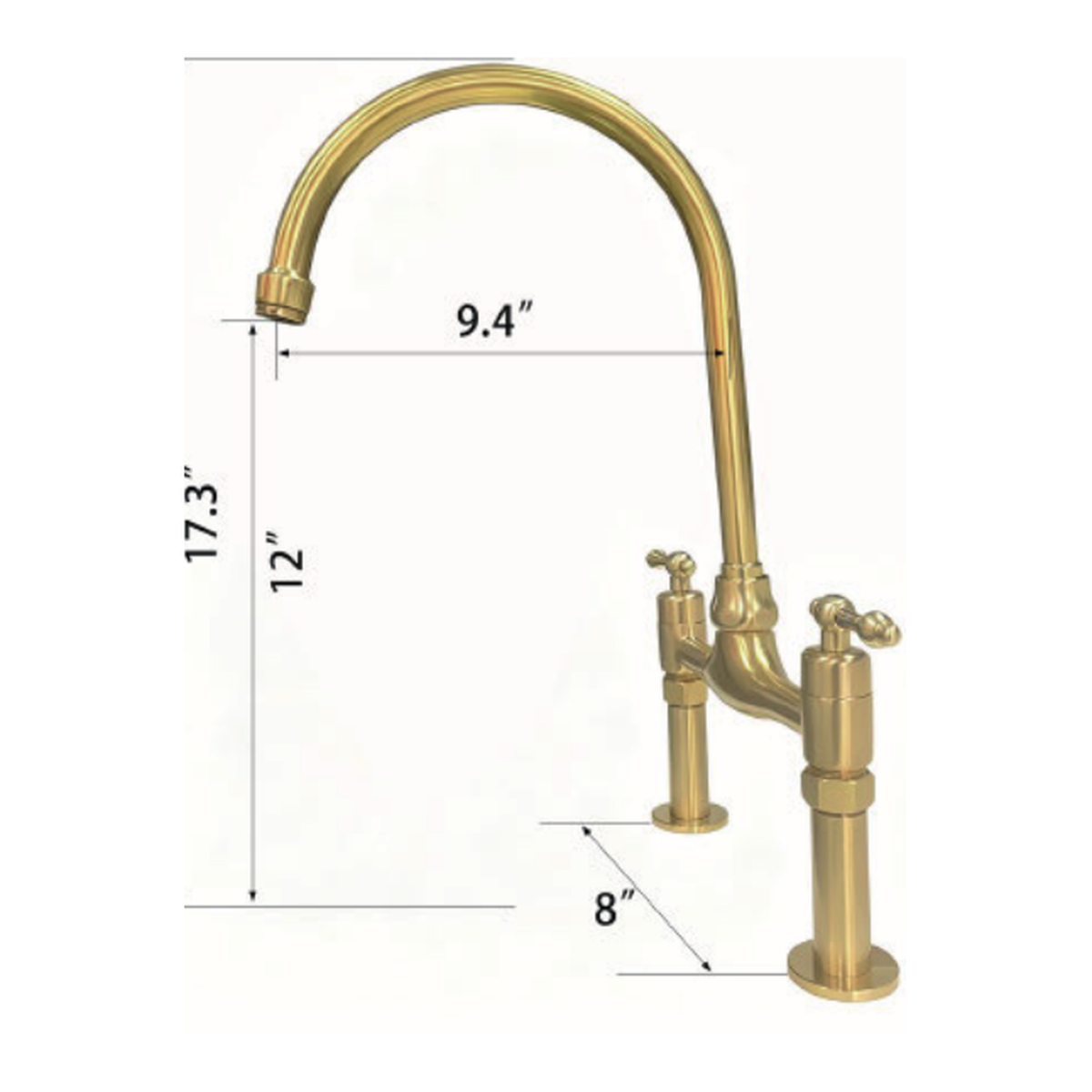 Unlacquered Brass Deck-Mount Bridge Kitchen Faucet with High-Arc Gooseneck Spout and Finial Lever Handles technical document