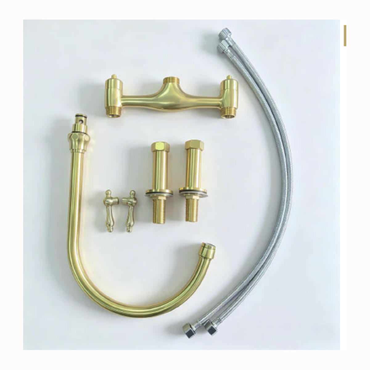 Unlacquered Brass Deck-Mount Bridge Kitchen Faucet with High-Arc Gooseneck Spout and Finial Lever Handles technical document