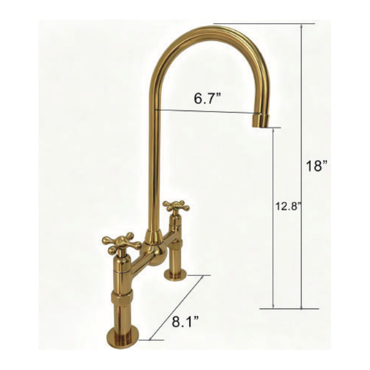 Unlacquered Brass Deck-Mount Bridge Kitchen Faucet with High-Arc Gooseneck Spout and Two Cross Handles technical document