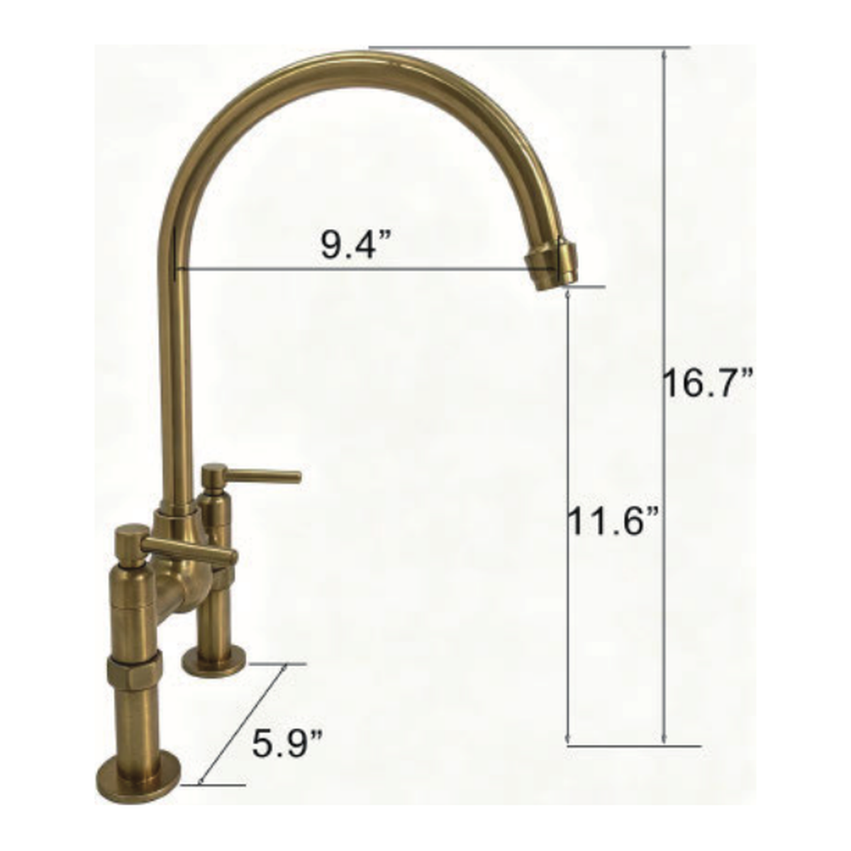 Unlacquered Brass Deck-Mount Two-Hole Kitchen Faucet with Tall Gooseneck Spout and Two Lever Handles technical document