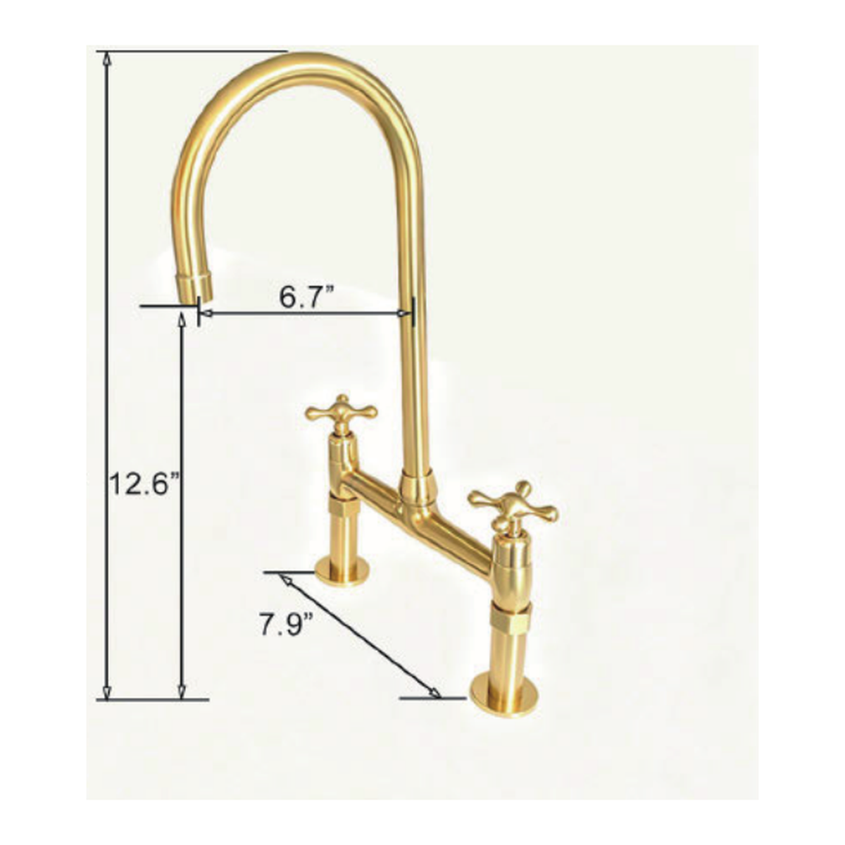 Unlacquered Brass Deck-Mount Bridge Kitchen Faucet with Tall Narrow Gooseneck Spout and Two Cross Handles technical document