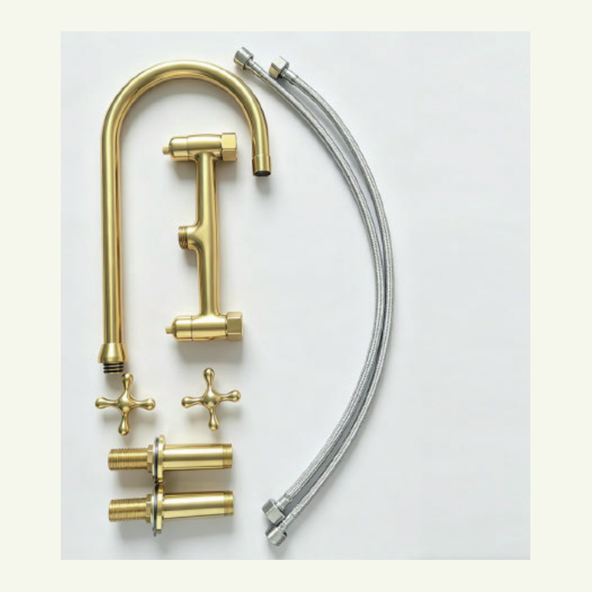 Unlacquered Brass Deck-Mount Bridge Kitchen Faucet with Tall Narrow Gooseneck Spout and Two Cross Handles technical document