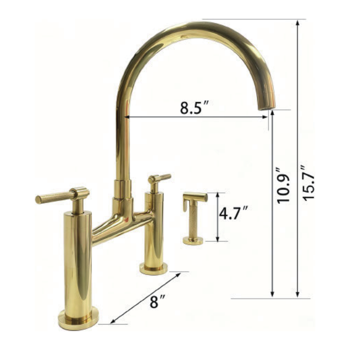 Unlacquered Brass Deck-Mount Bridge Kitchen Faucet with Gooseneck Spout, Side Sprayer and Two Lever Handles technical document