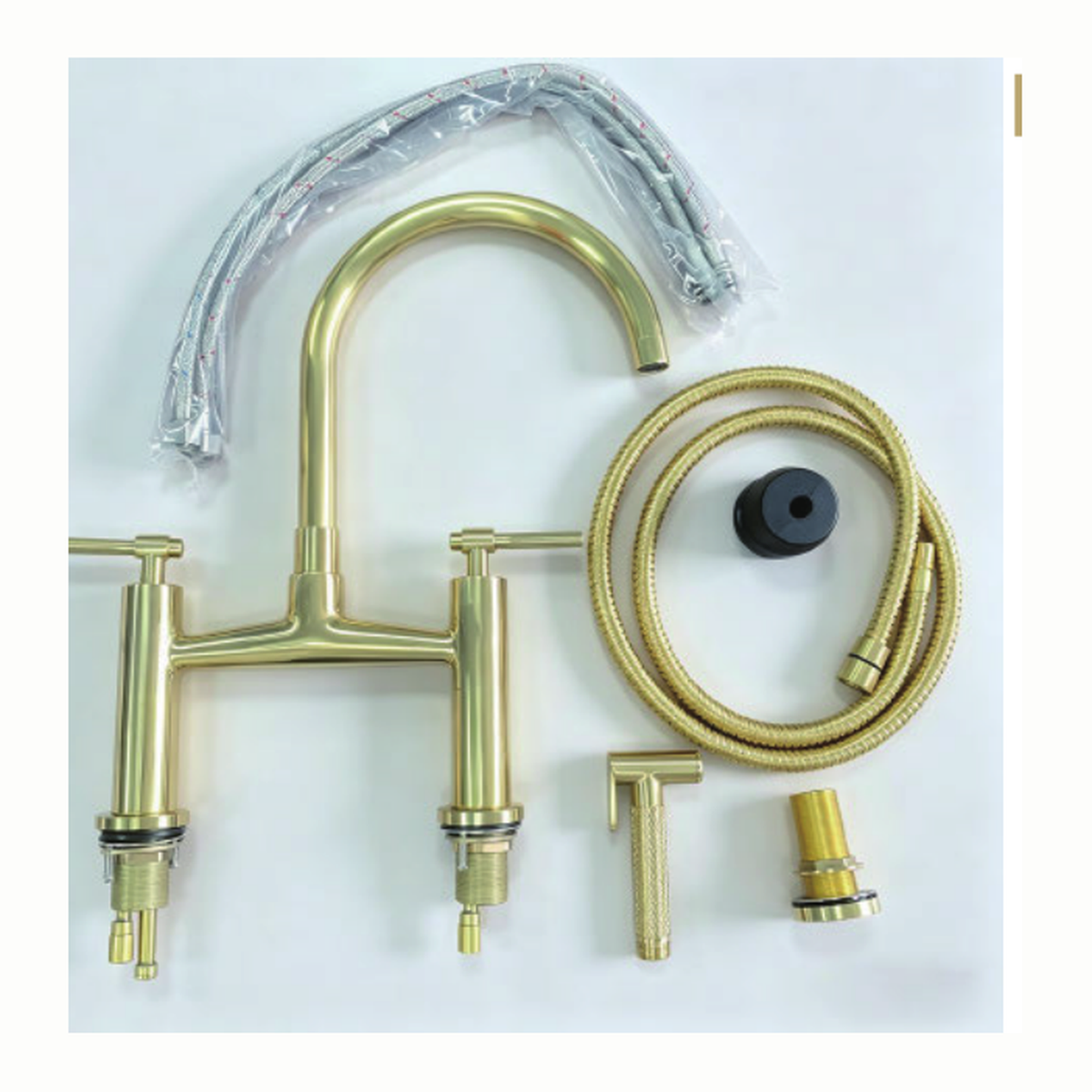 Unlacquered Brass Deck-Mount Bridge Kitchen Faucet with Gooseneck Spout, Side Sprayer and Two Lever Handles technical document