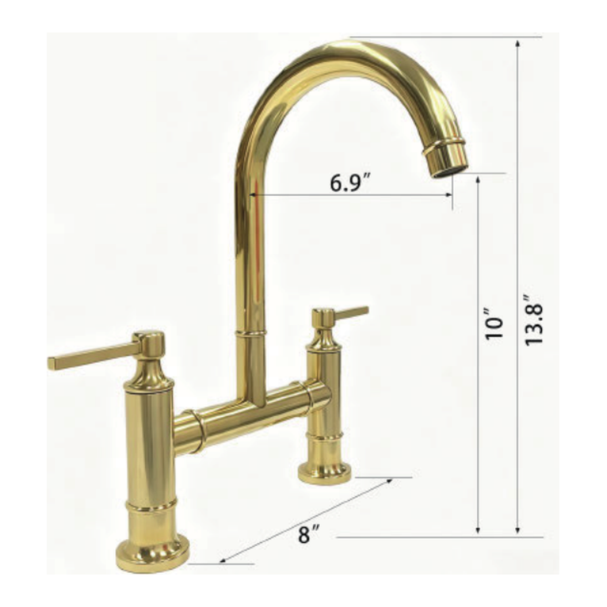 Unlacquered Brass Deck-Mount Bridge Kitchen Faucet with Low Curved Gooseneck Spout and Two Lever Handles technical document