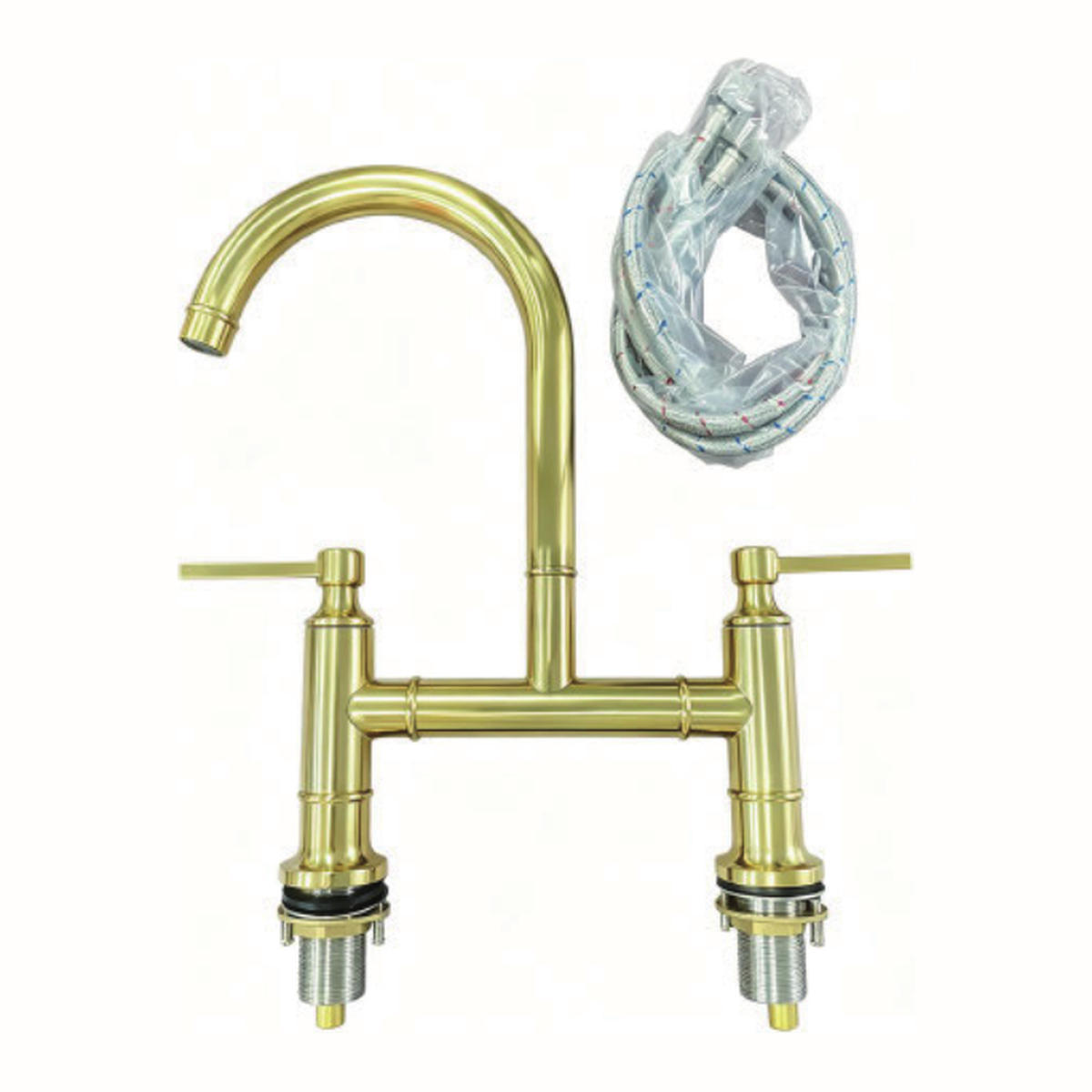 Unlacquered Brass Deck-Mount Bridge Kitchen Faucet with Low Curved Gooseneck Spout and Two Lever Handles technical document