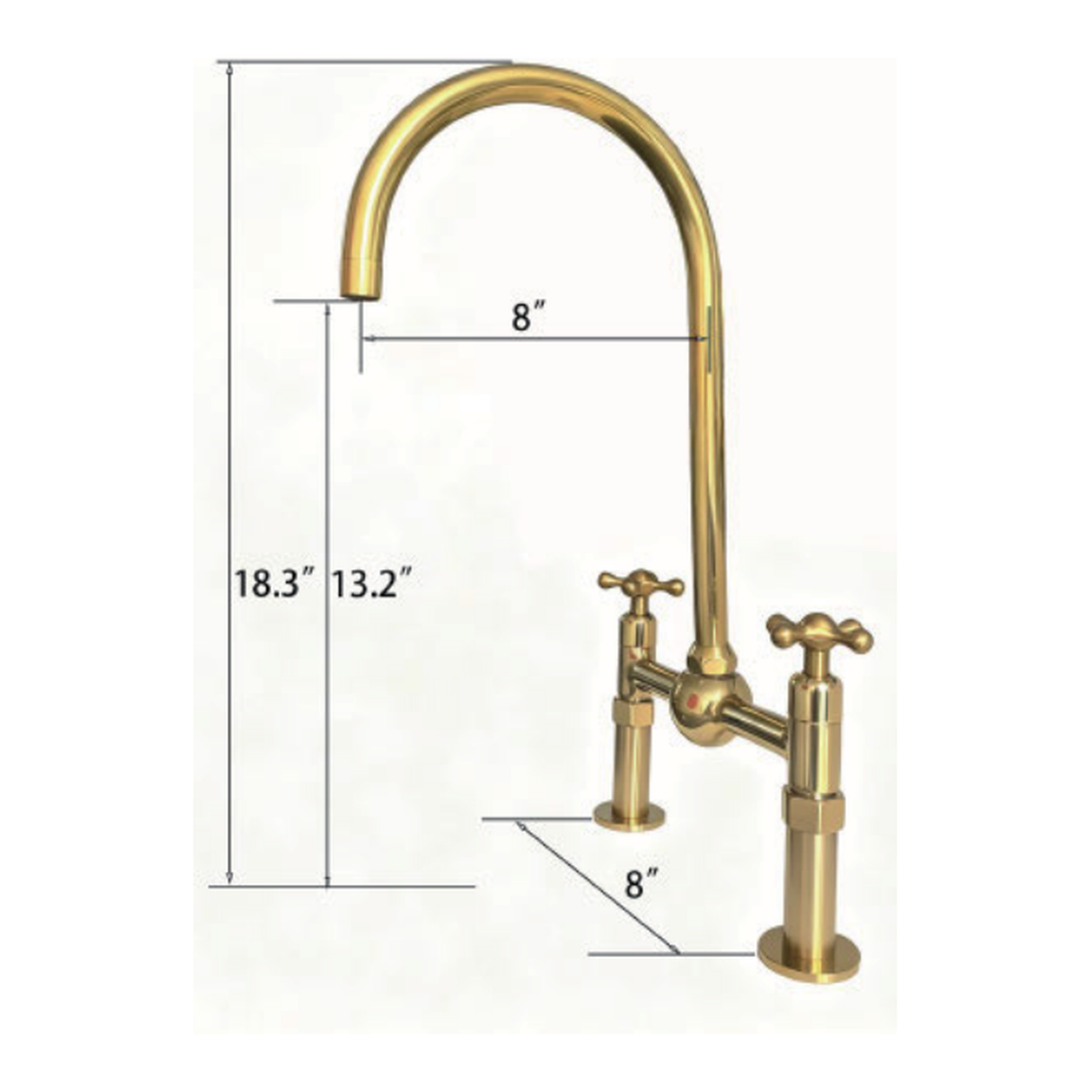 Unlacquered Brass Bridge Kitchen Faucet with Gooseneck Spout and Ball-Tip Cross Handles technical document