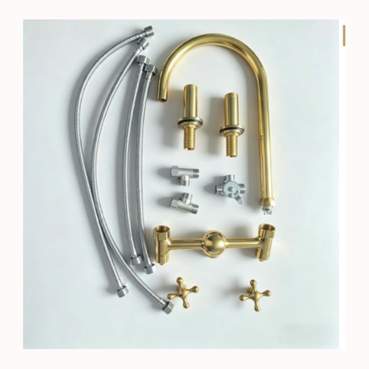 Unlacquered Brass Bridge Kitchen Faucet with Gooseneck Spout and Ball-Tip Cross Handles technical document