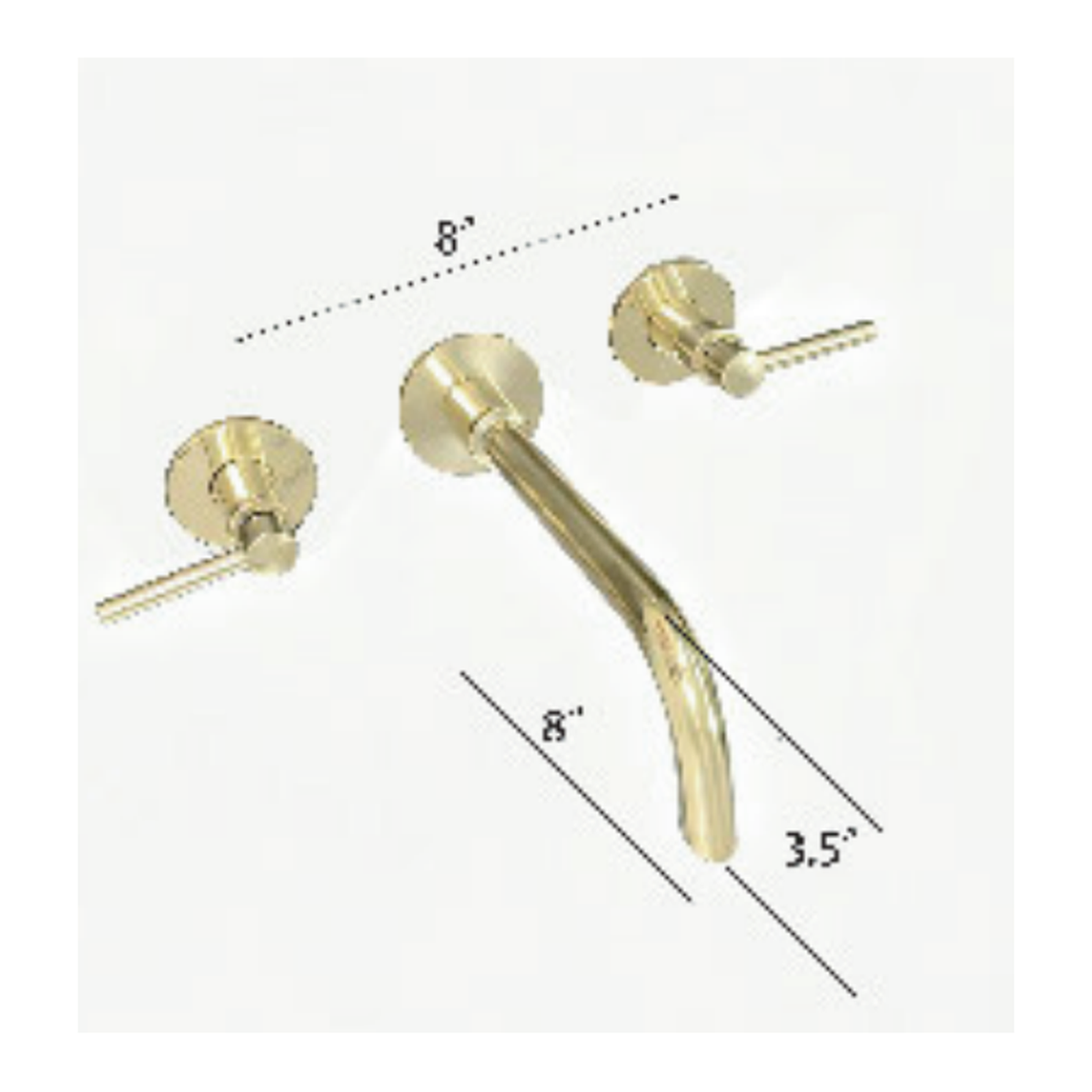 Unlacquered Brass Wall-Mount Bathroom Faucet with Angled Downturned Spout and Straight Lever Handles technical document