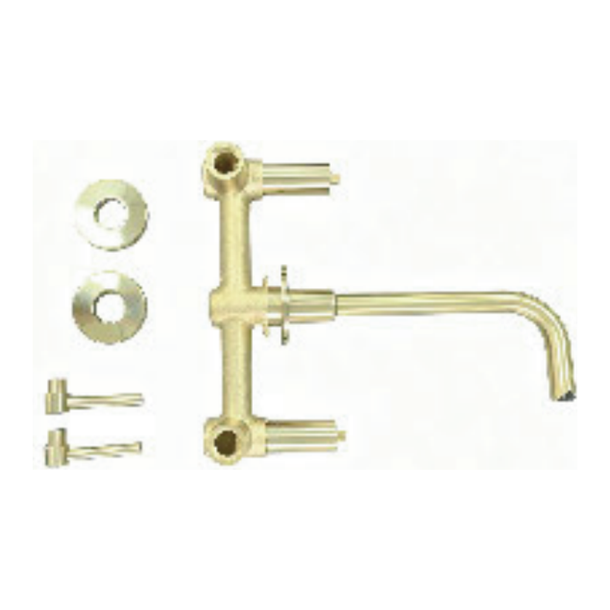 Unlacquered Brass Wall-Mount Bathroom Faucet with Angled Downturned Spout and Straight Lever Handles technical document