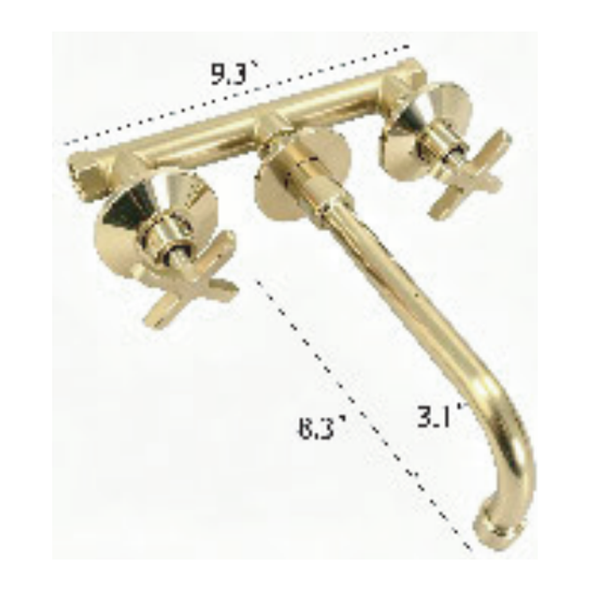 Unlacquered Brass Wall-Mount Bathroom Faucet with Curved Gooseneck Spout and Cross Handles technical document