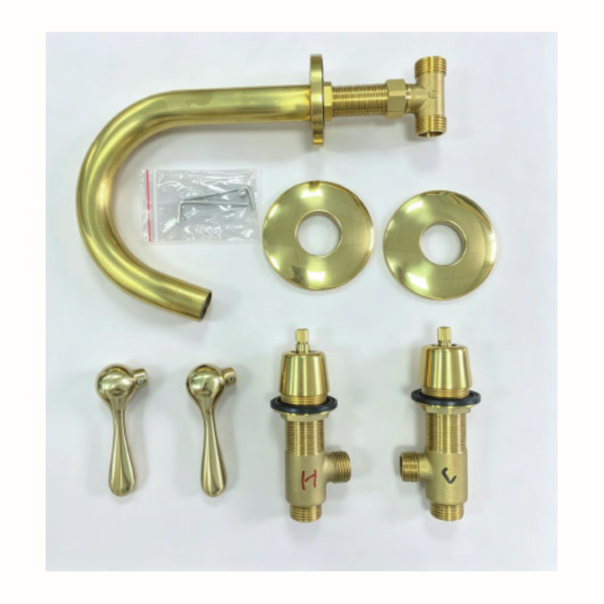 Unlacquered Brass Widespread Bathroom Faucet with Arched Gooseneck Spout and Teardrop Lever Handles technical document