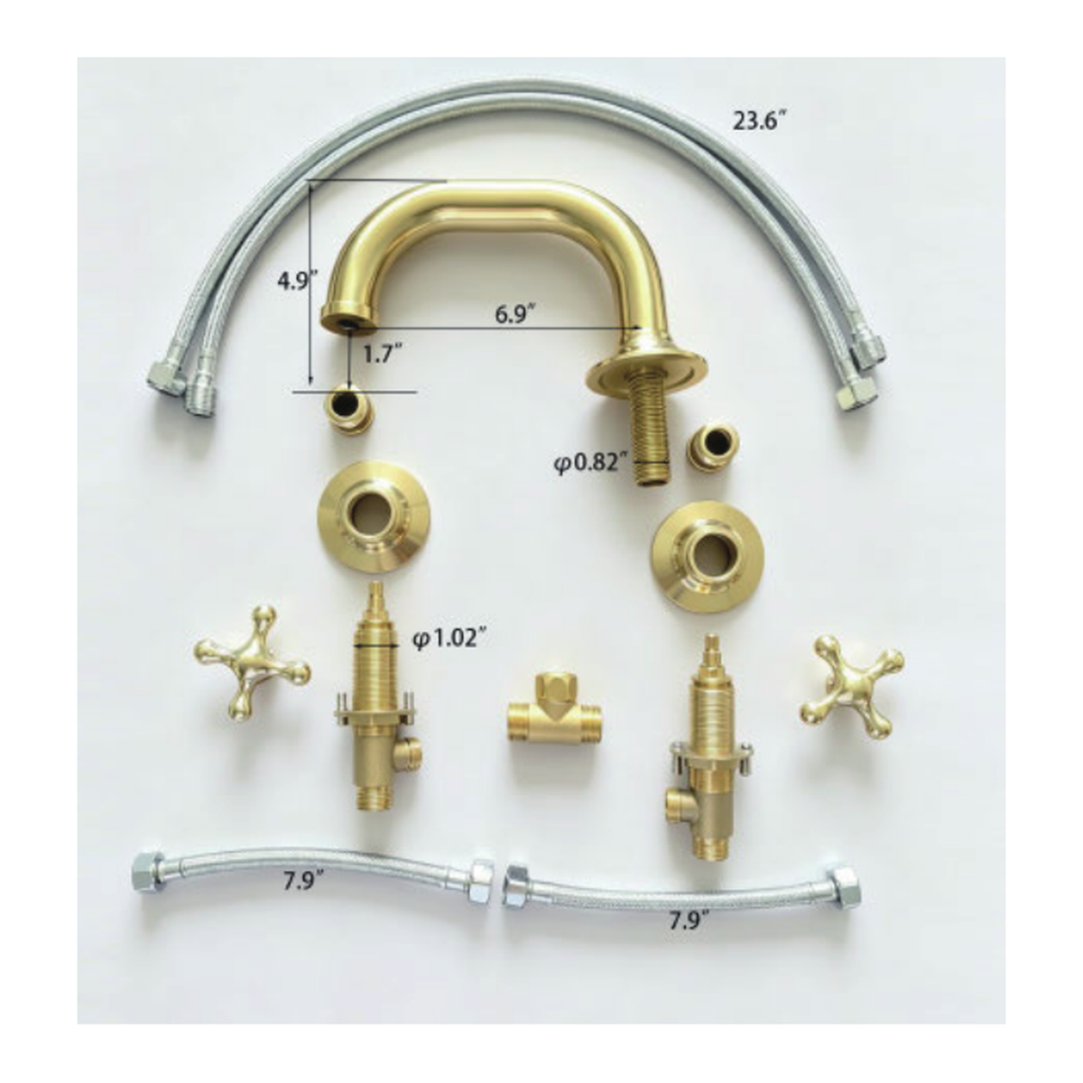 Unlacquered Brass Widespread Bathroom Faucet with U-Arch Spout and Cross Handles technical document