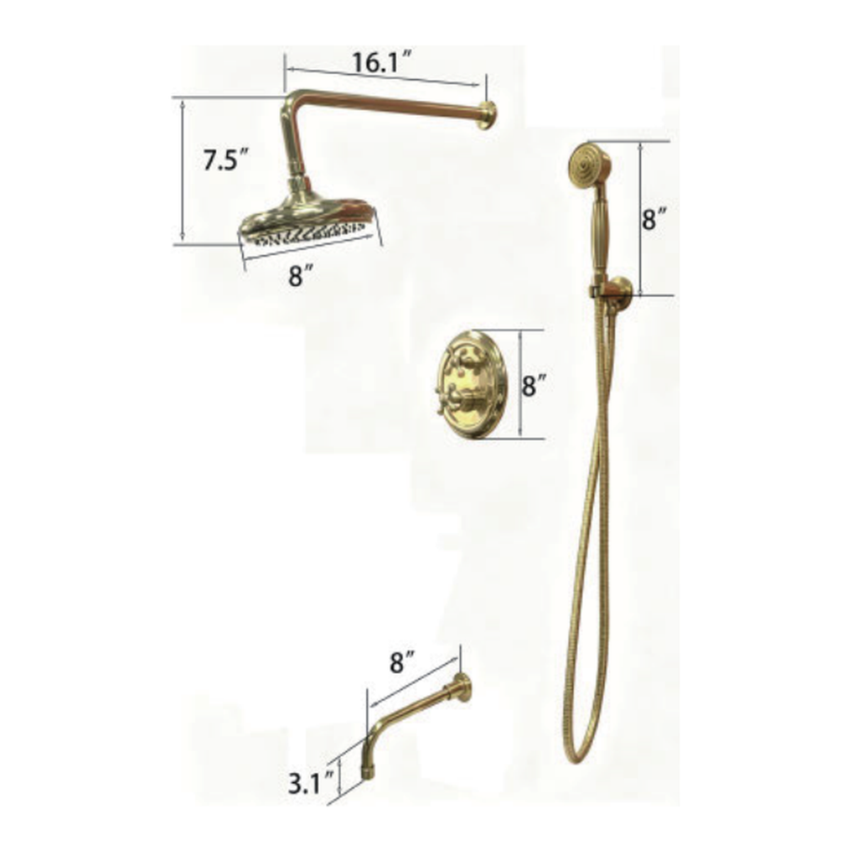 Unlacquered Brass Wall-Mount Tub and Shower System with Rain Head, Handshower, Tub Spout and Cross Handle technical document