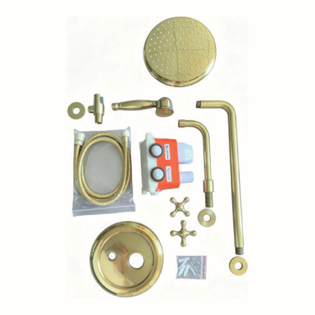 Unlacquered Brass Wall-Mount Tub and Shower System with Rain Head, Handshower, Tub Spout and Cross Handle technical document