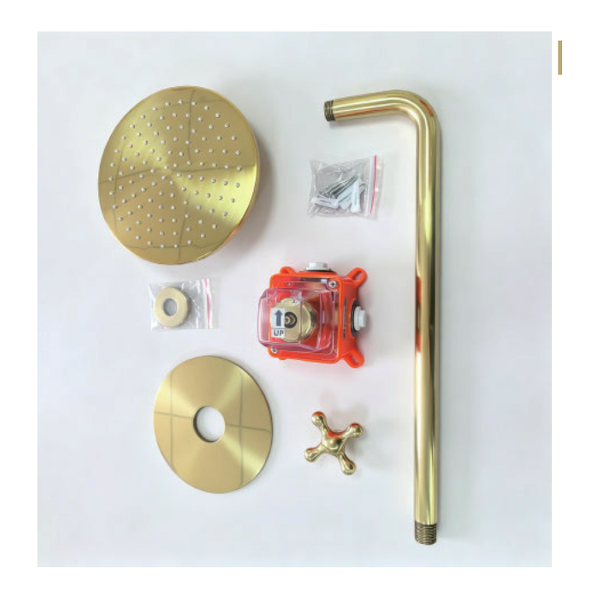 Unlacquered Brass Wall-Mount Shower System with Long Arm Rain Head and Cross Handle technical document