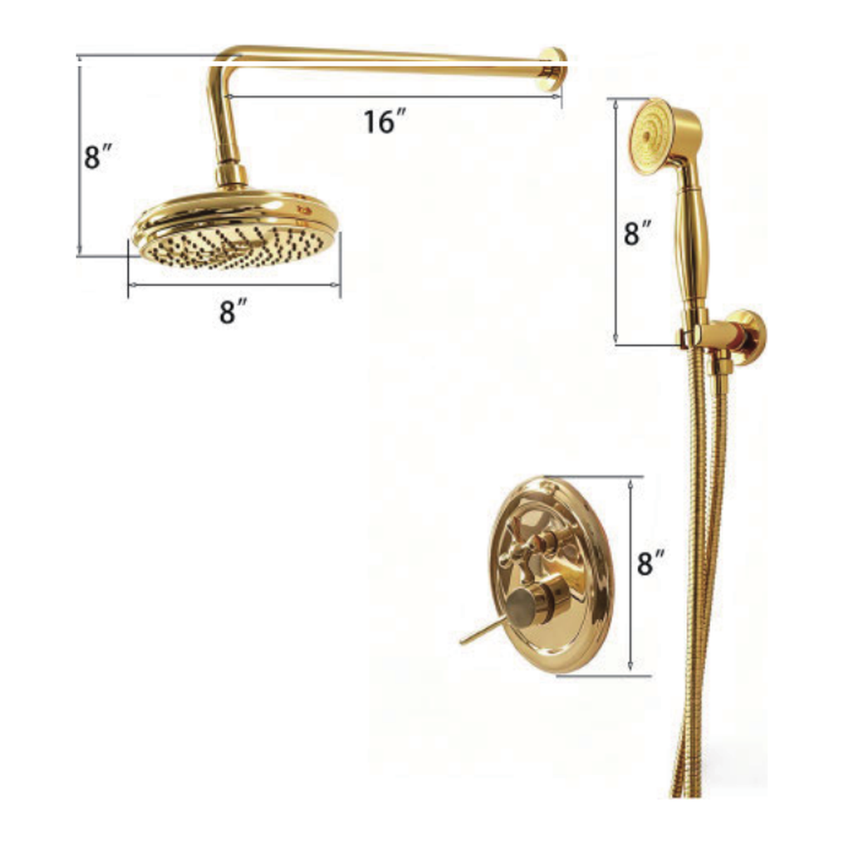 Unlacquered Brass Wall-Mount Shower System with Rain Head, Handshower and Diverter Lever technical document