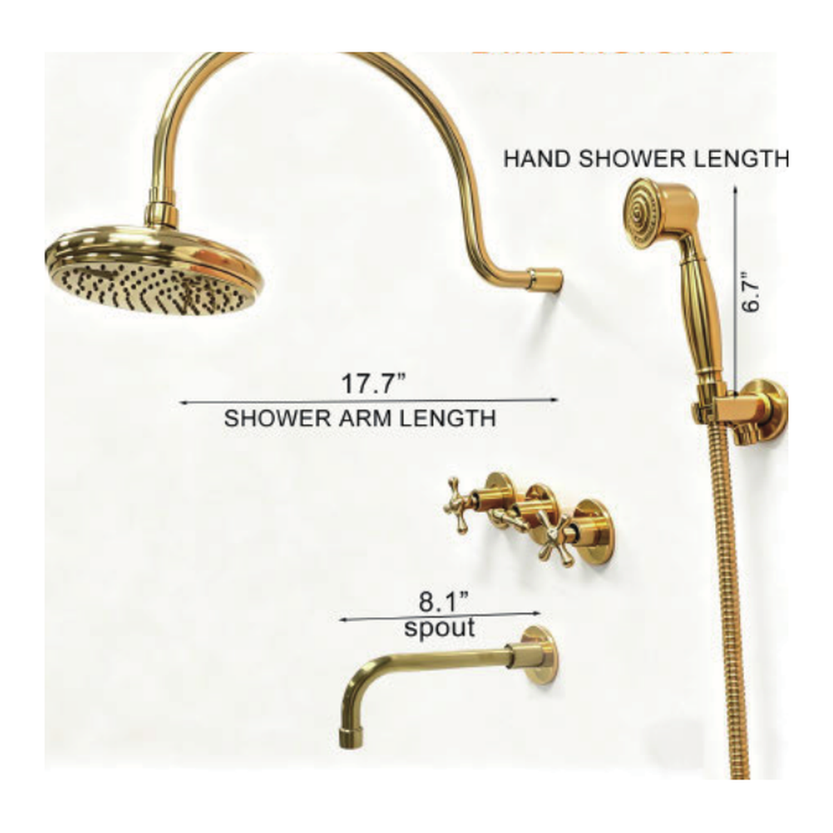 Unlacquered Brass Wall-Mount Tub and Shower System with Gooseneck Arm, Rain Head, Handshower and Tub Spout technical document