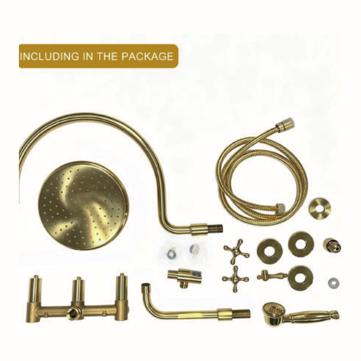 Unlacquered Brass Wall-Mount Tub and Shower System with Gooseneck Arm, Rain Head, Handshower and Tub Spout technical document