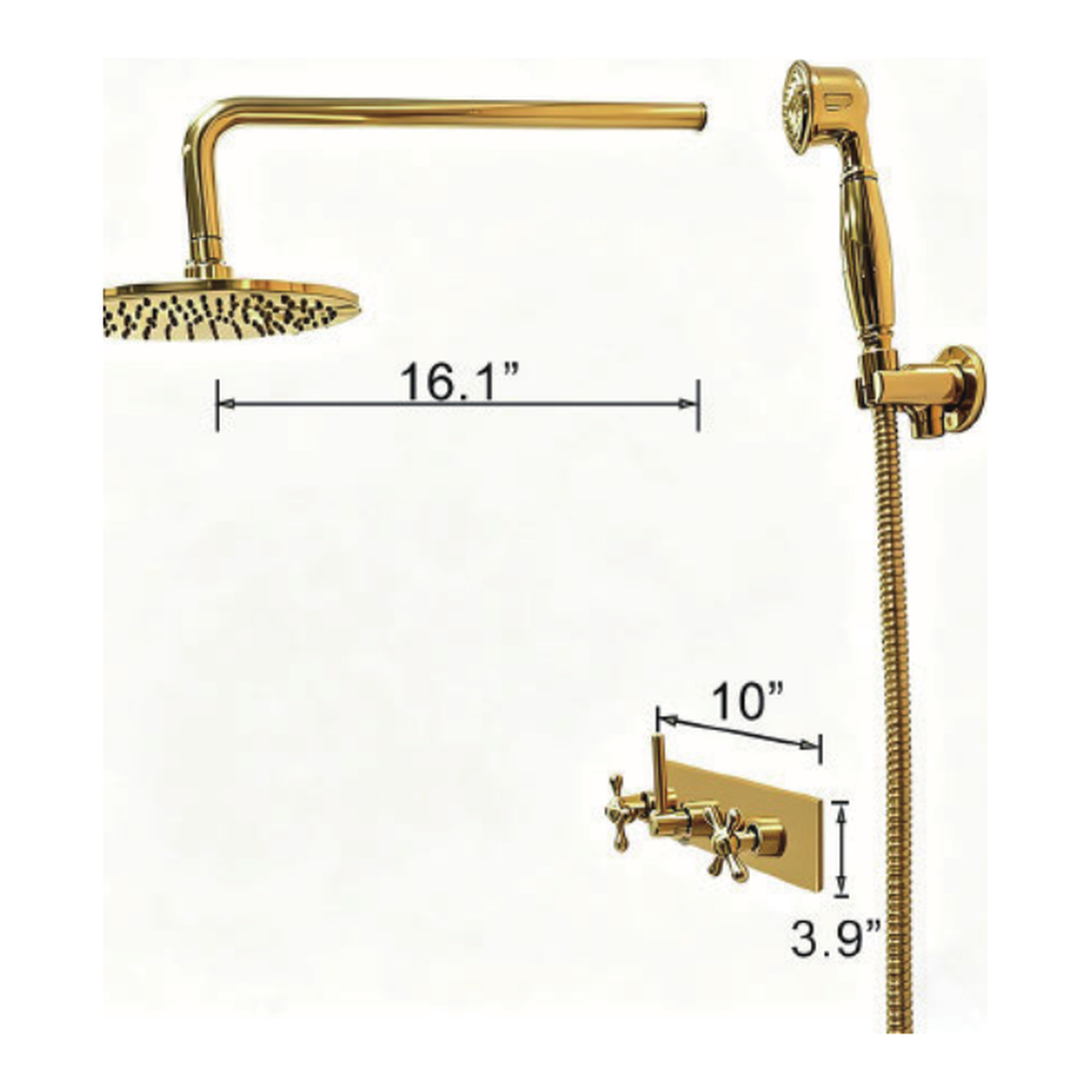 Unlacquered Brass Wall-Mount Shower System with Rain Head, Handshower and Three Control Plate technical document