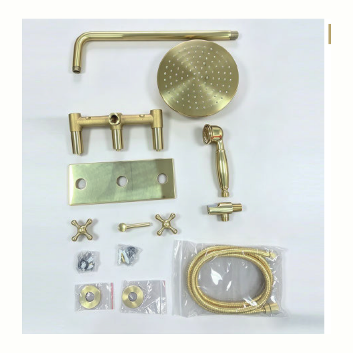 Unlacquered Brass Wall-Mount Shower System with Rain Head, Handshower and Three Control Plate technical document
