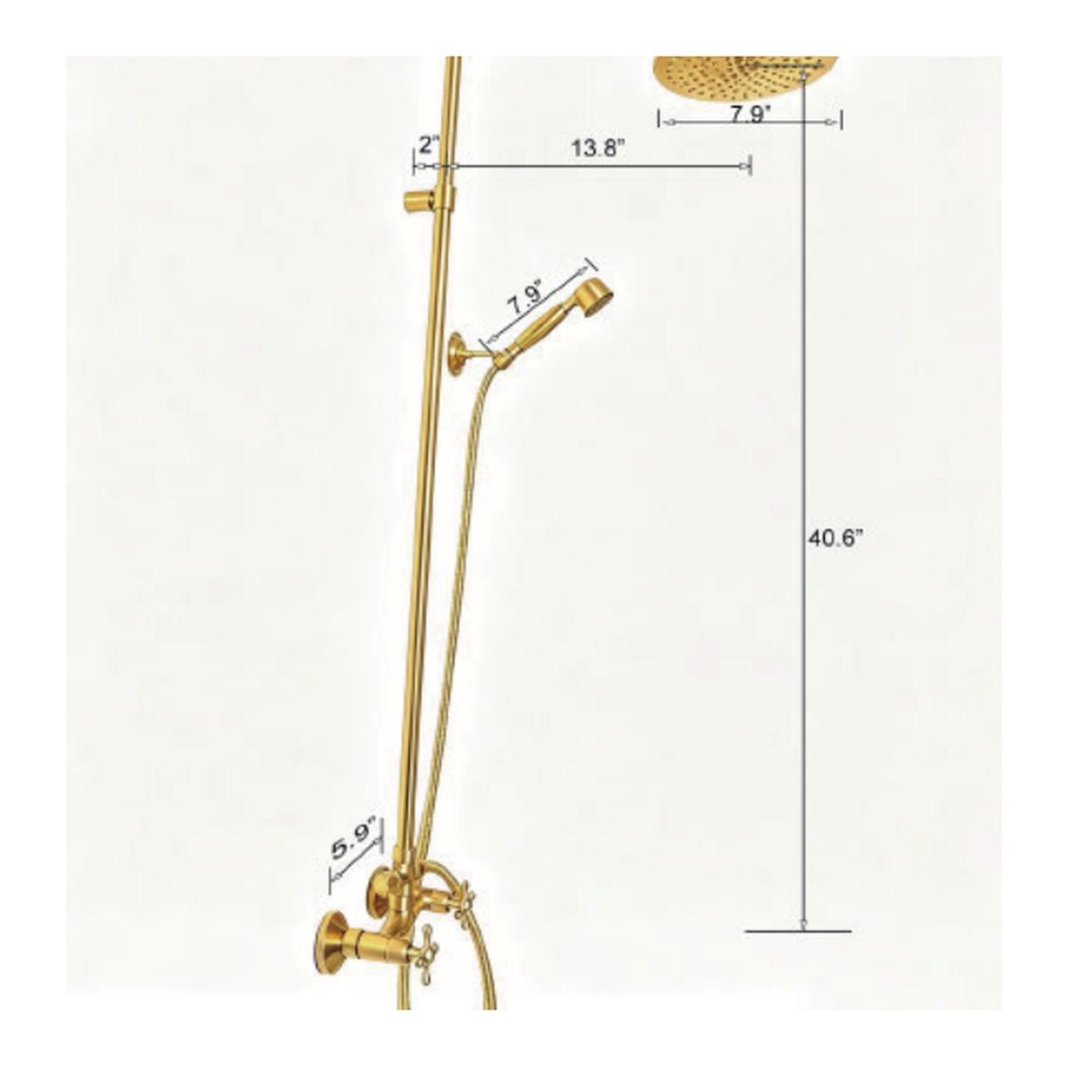Unlacquered Brass Exposed Shower System with Rain Head, Handshower and Cross Handles technical document
