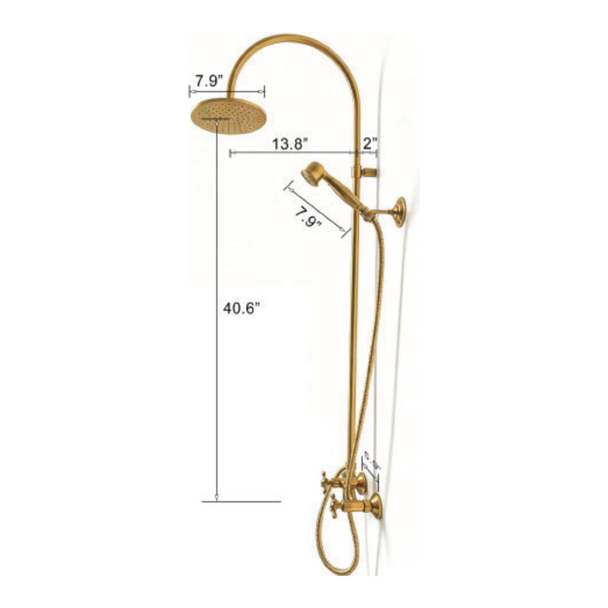 Unlacquered Brass Wall-Mount Shower System with Rain Head, Handshower and Cross Handles technical document
