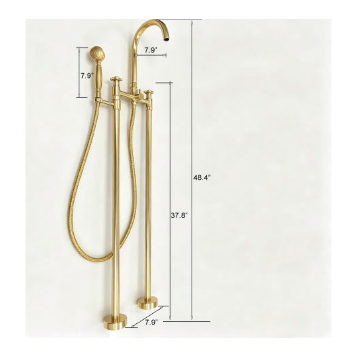 Unlacquered Brass Floor-Mount Tub Filler with Gooseneck Spout and Telephone Handshower technical document