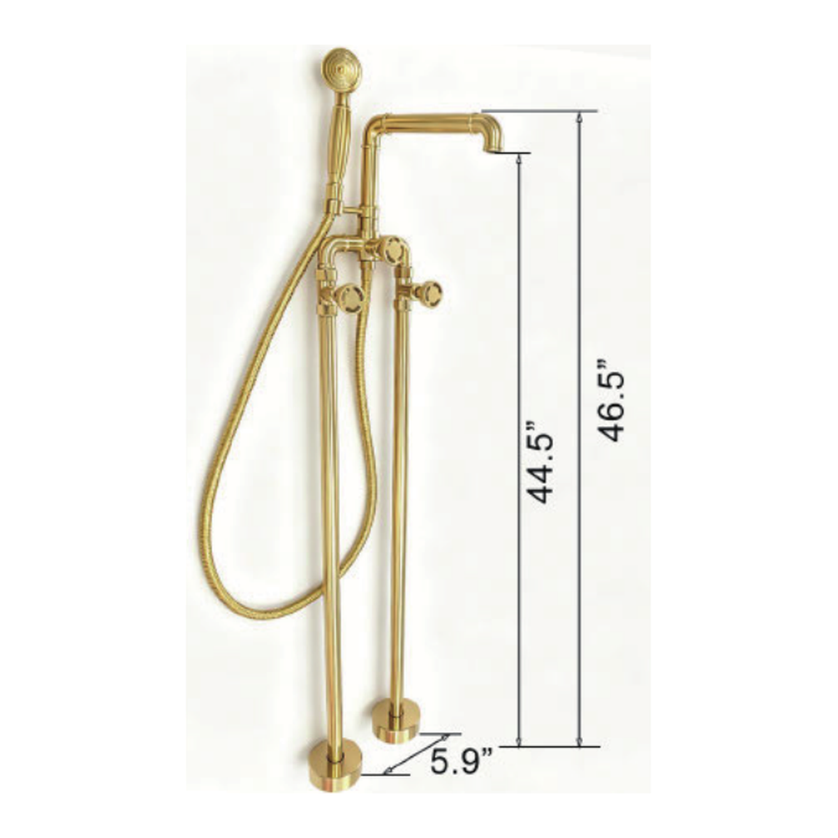 Unlacquered Brass Floor-Mount Tub Filler with Industrial Pipe Spout, Handshower and Spoke Wheel Handles technical document