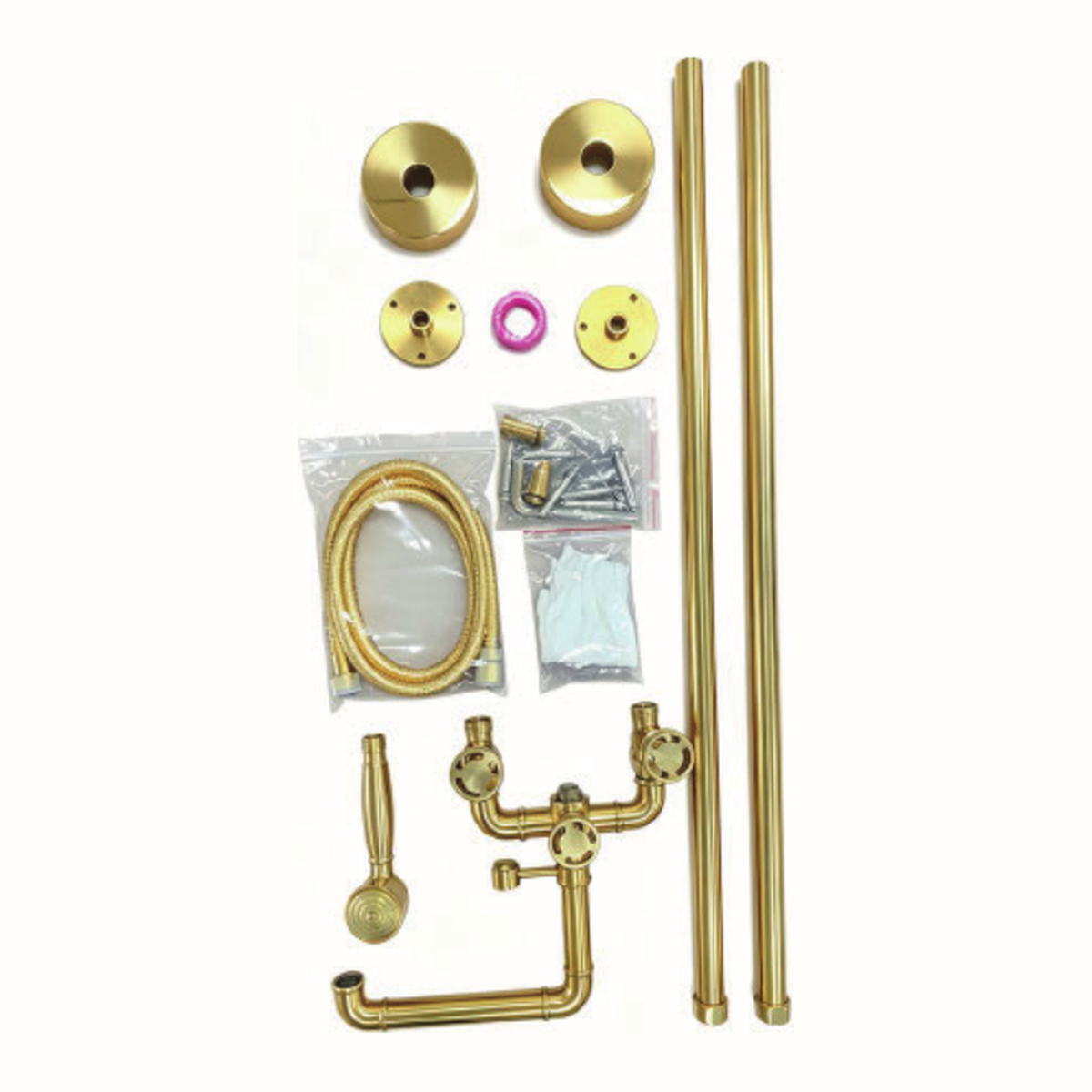 Unlacquered Brass Floor-Mount Tub Filler with Industrial Pipe Spout, Handshower and Spoke Wheel Handles technical document