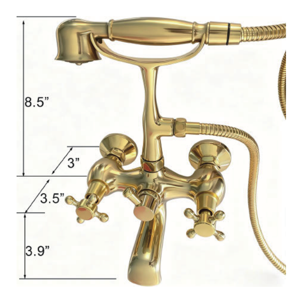 Unlacquered Brass Wall-Mount Clawfoot Tub Filler with Downturn Spout, Telephone Handshower and Cross Handles technical document