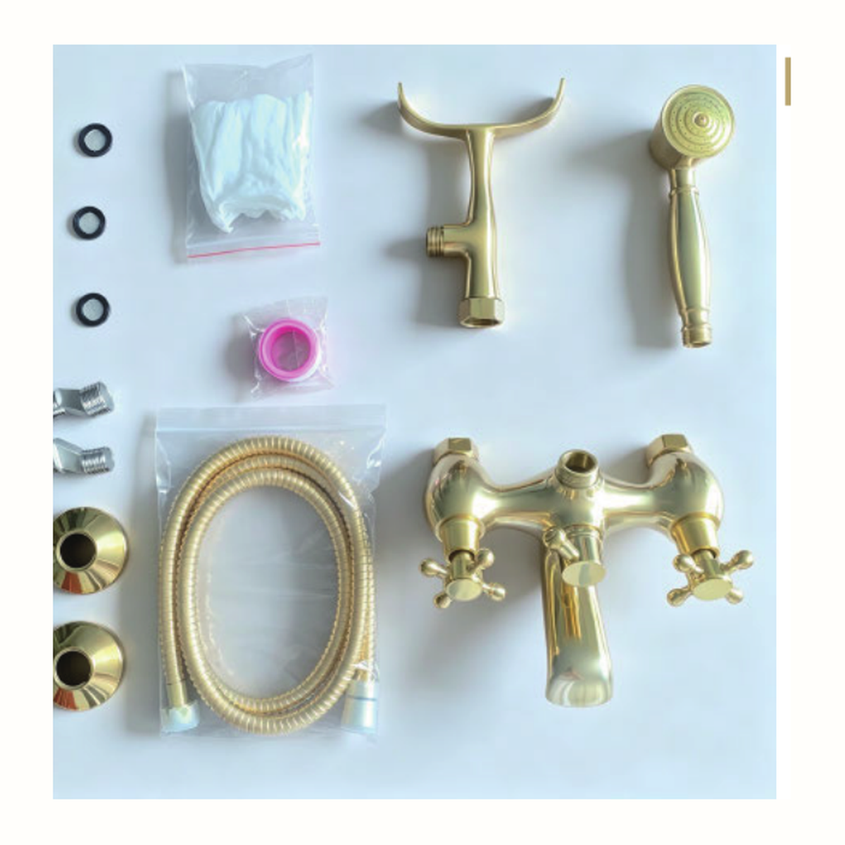 Unlacquered Brass Wall-Mount Clawfoot Tub Filler with Downturn Spout, Telephone Handshower and Cross Handles technical document